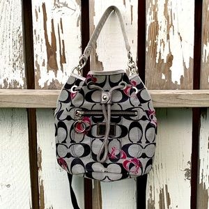 Coach Poppy gray black monogram crossbody cinch bag